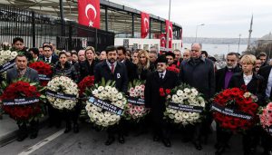  US Consul General to Istanbul Jennifer Davis (5th L) and Israel Consul General to Istanbul Yousaf Junaid (7th L) leave wreaths for the victims at site of Istanbul terror attacks in Istanbul's Besiktas, Turkey on December 12, 2016. At least 38 people, including 7 civilians, were killed and 155 people were injured in two separate bomb attacks in the Besiktas district of Istanbul on December 10, 2016.