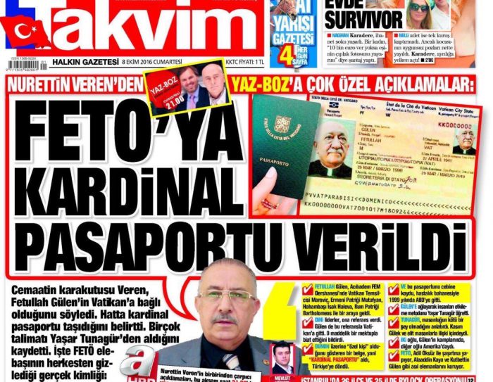 Pro-government paper claims with photoshopped image that Gülen has Vatican passport