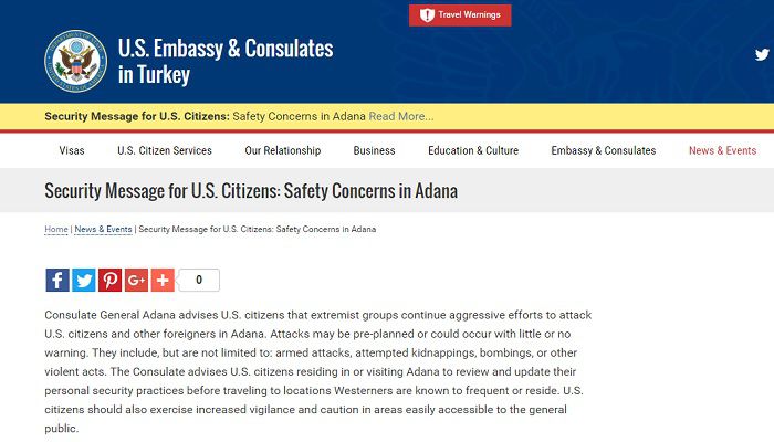 US Consulate Adana warns citizens in Turkey of possible attacks